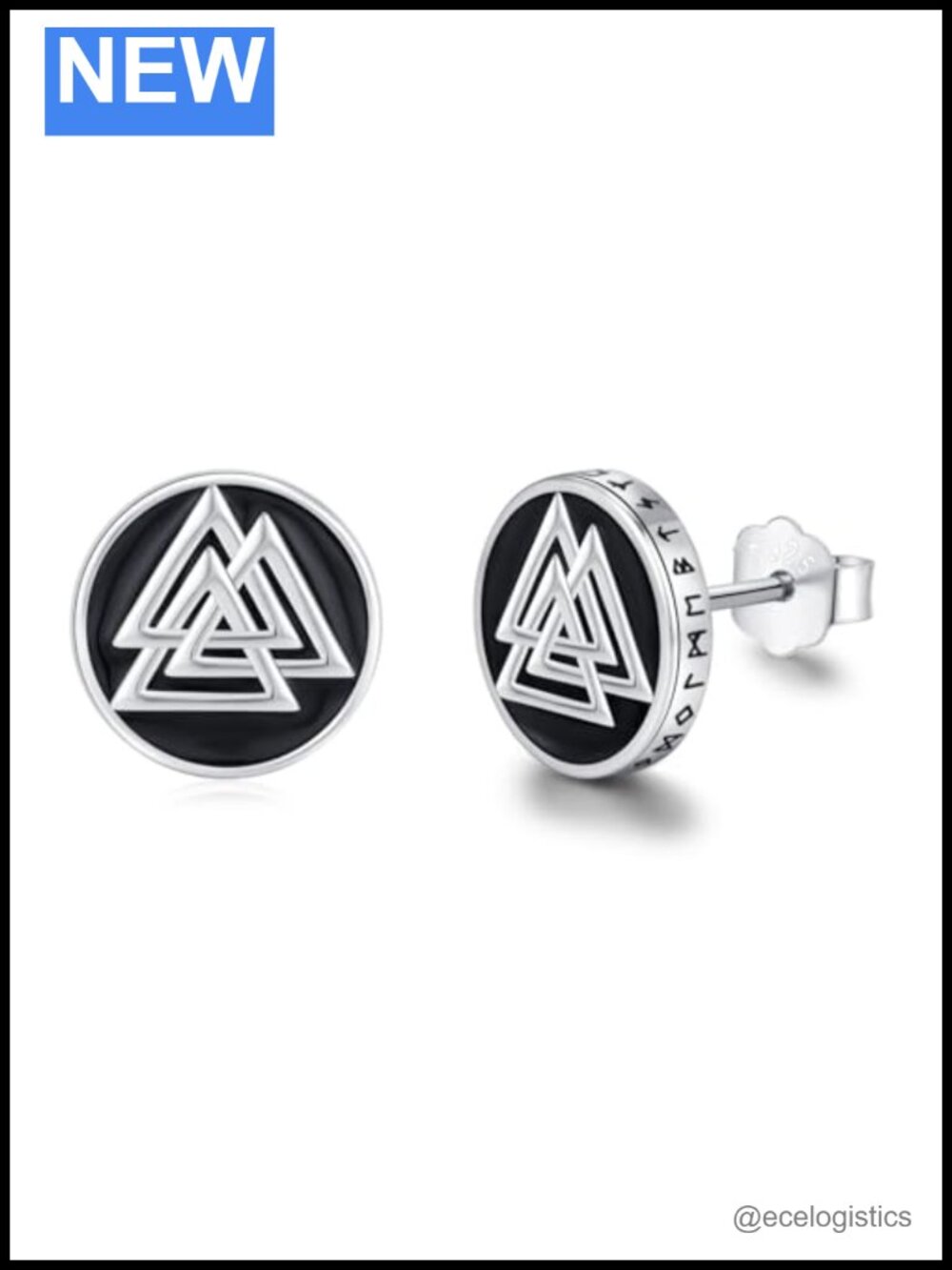 925 Sterling Silver Viking Rune Stud Earrings Platinum Plated
